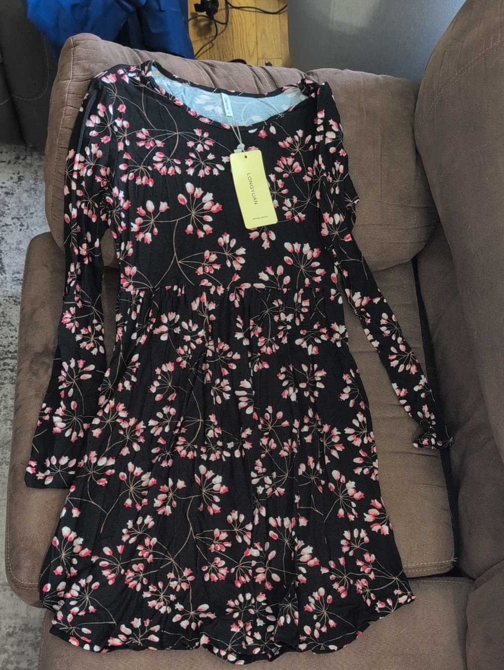 Black Floral Long Sleeve Babydoll Dress Small